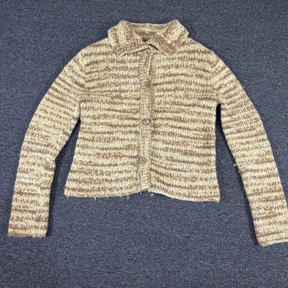 BKE Cardigan Womens Large L63167 Brown 90% Wool Striped Button Down Sweater EUC